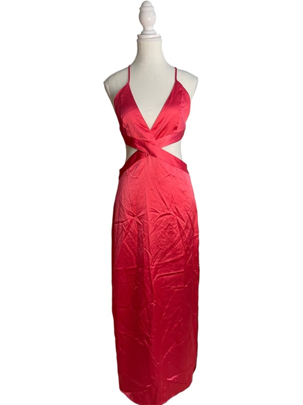 Zara Red Pink Satin Midi Dress with Cutouts